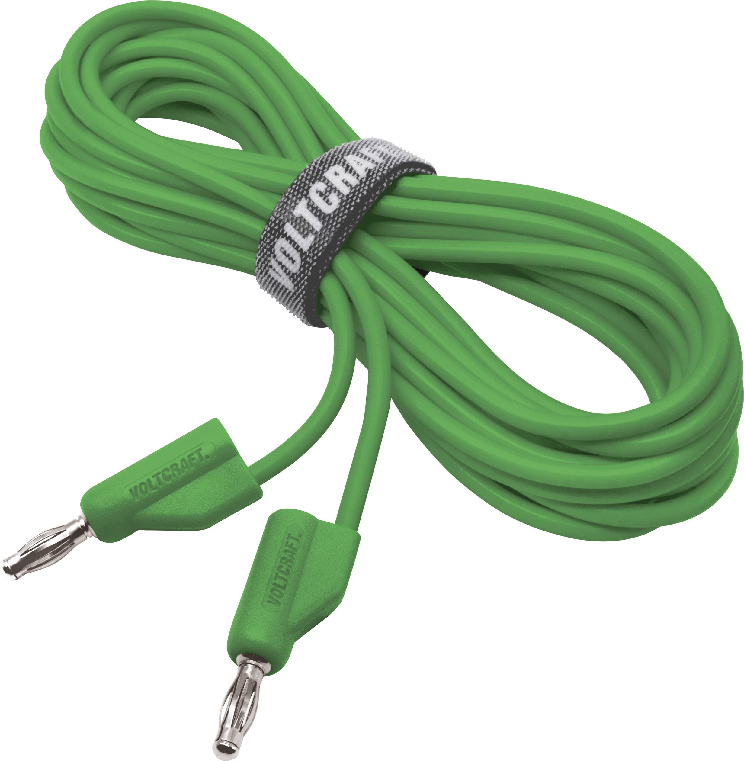 Grünes Elektro-Kabel, aufgerollt, mit zwei Steckern an den Enden. Ein graues Band mit der Aufschrift 'VOLTCRAFT' hält das Kabel.