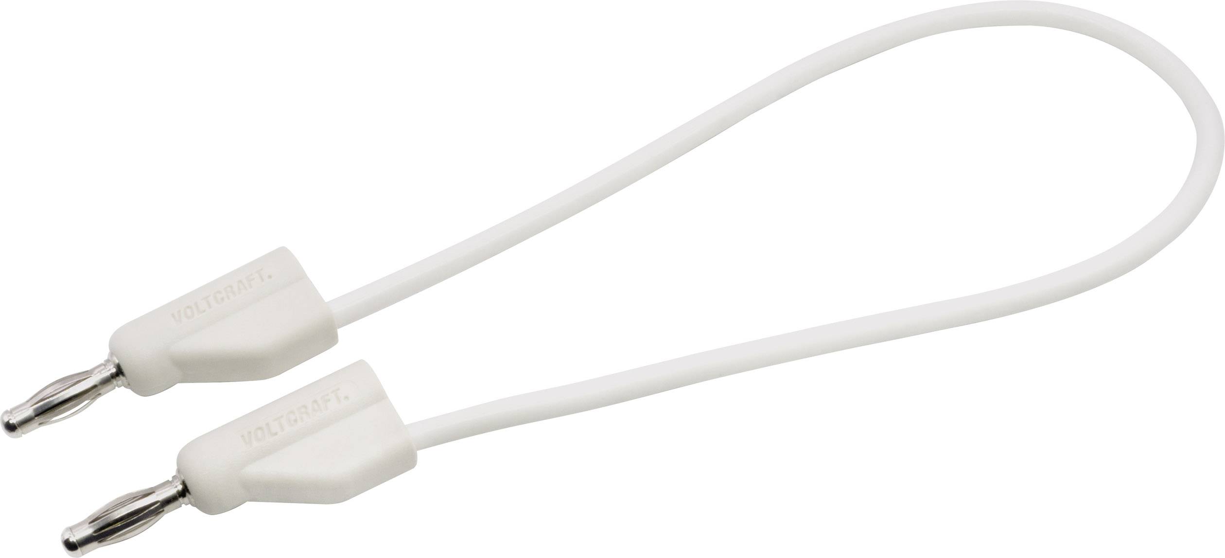 Zwei weiße Bananenstecker mit kurzem Kabel, die zum Anschluss von Elektrogeräten verwendet werden.