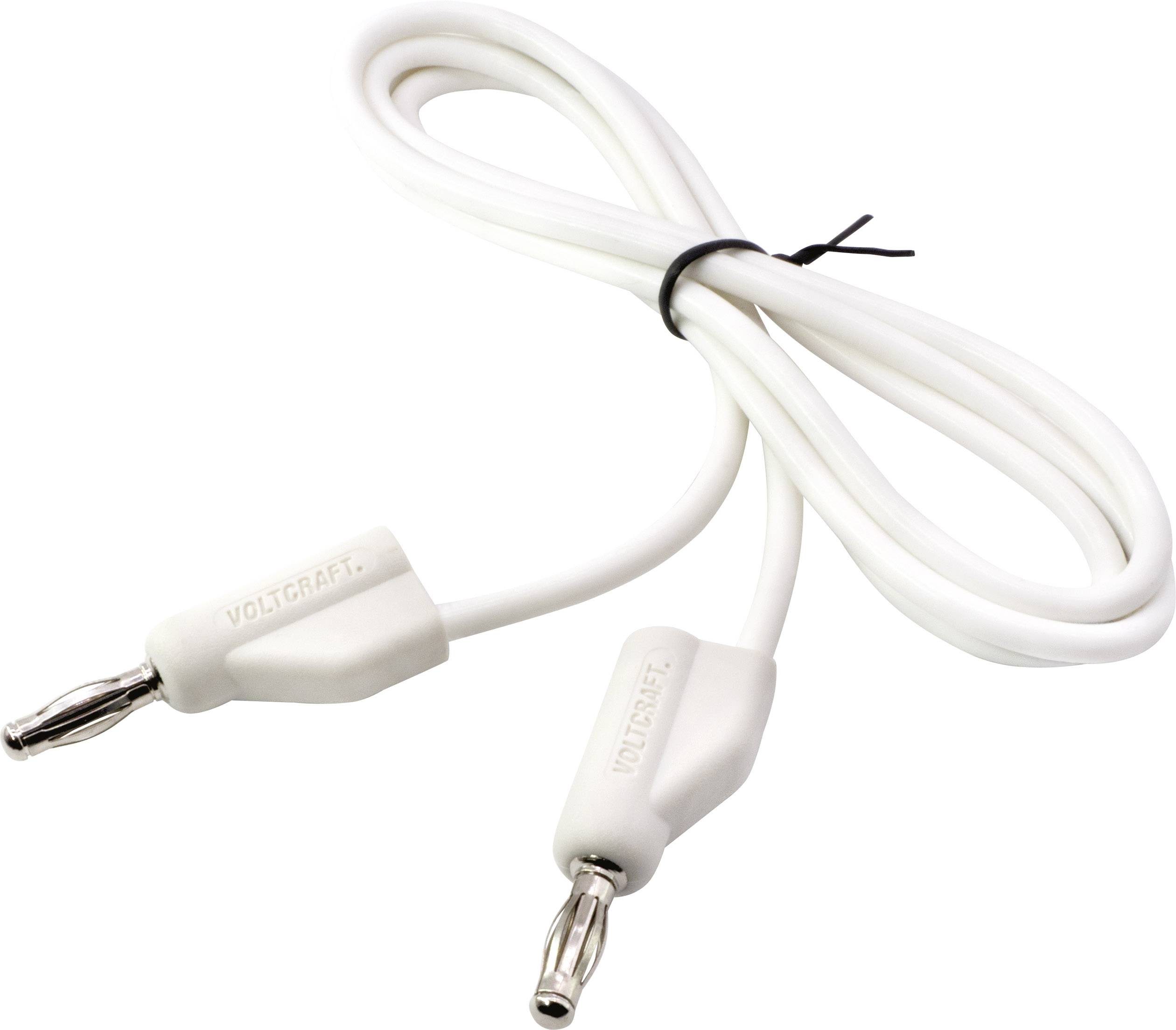 Ein weißes Kabel mit zwei Bananensteckern an den Enden.