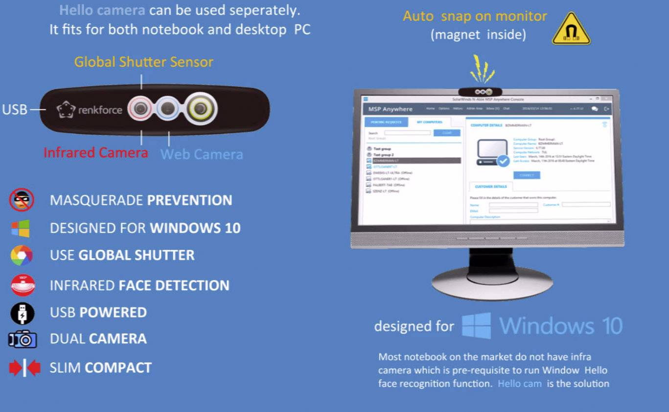 Renkforce Webcam 1280 x 720 Pixel RF-WEC-720P Gesichtserkennung für Windows Hello, Magnet-Halterung mit Infrarotkamera