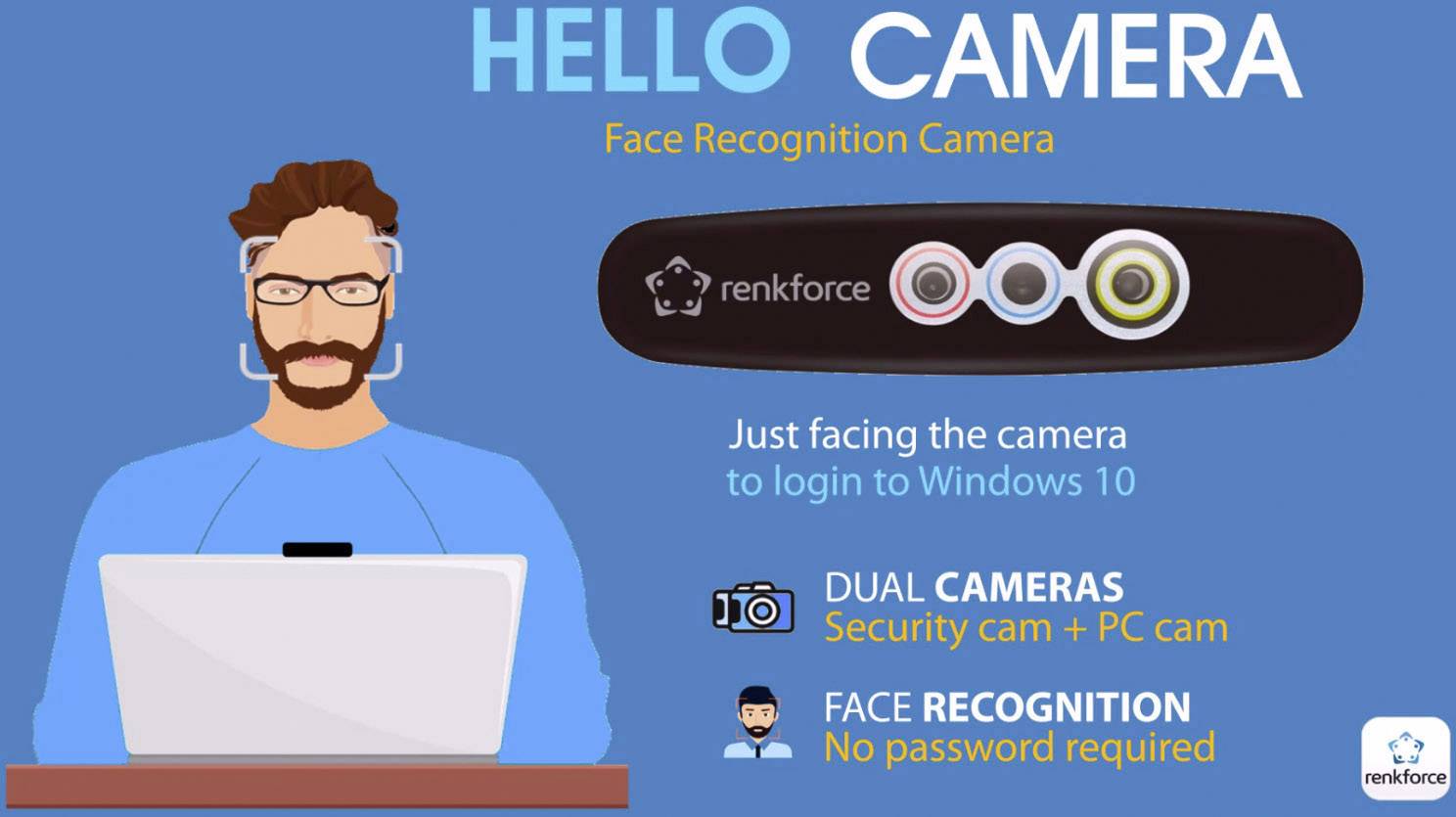 Renkforce Webcam 1280 x 720 Pixel RF-WEC-720P Gesichtserkennung für Windows Hello, Magnet-Halterung mit Infrarotkamera