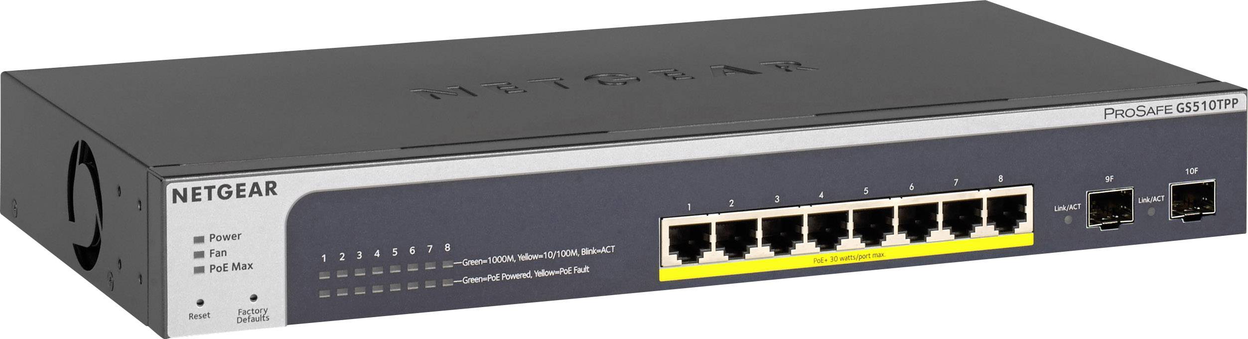 Netzwerk-Switch von NETGEAR mit mehreren Ethernet-Anschlüssen, geeignet für den Einsatz in professionellen IT-Umgebungen.