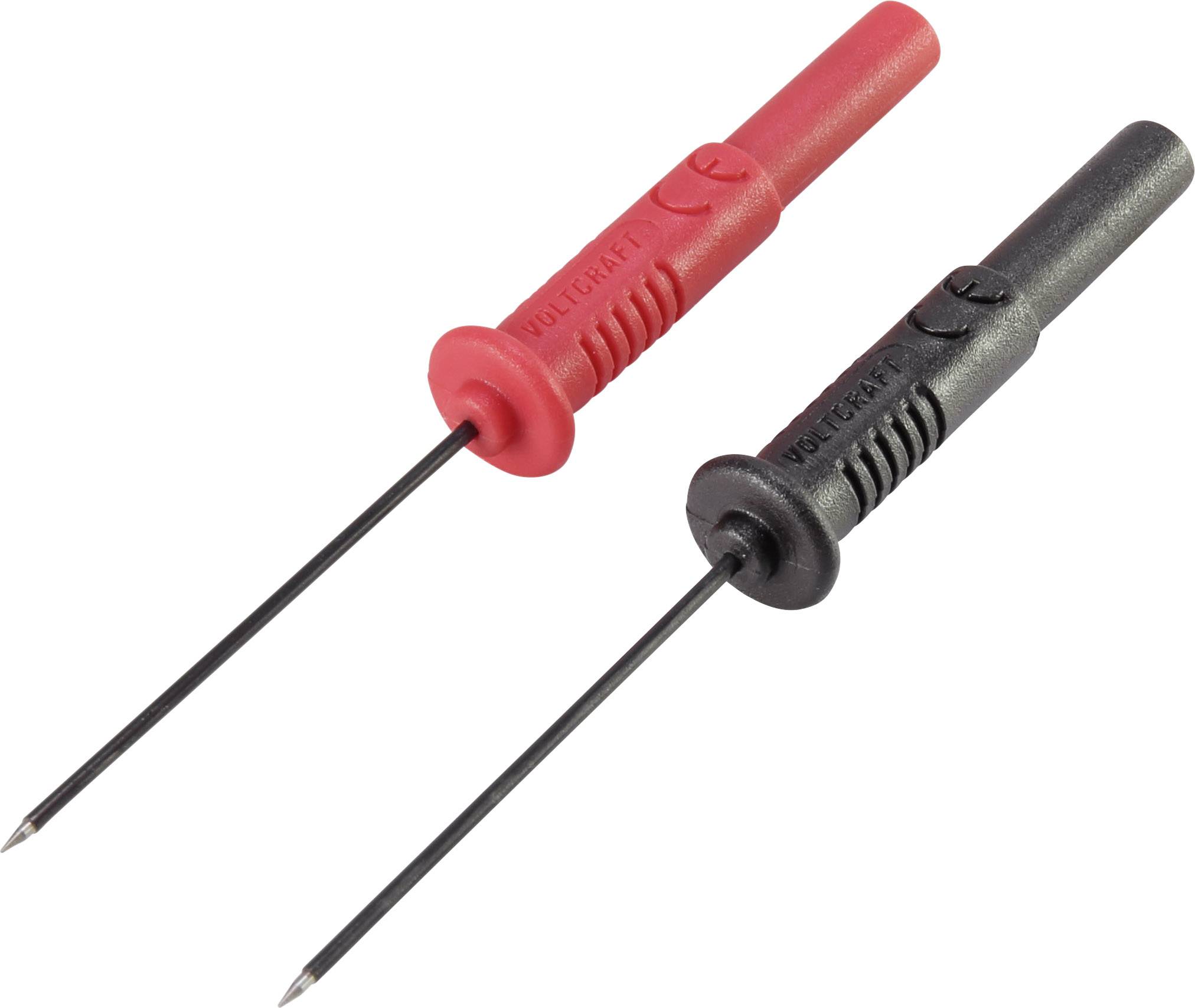 Zwei Prüfspitzen, eine rot und eine schwarz, mit Kunststoffgriffen. Die Spitzen sind lang und dünn, geeignet zum Messen elektrischer Werte.