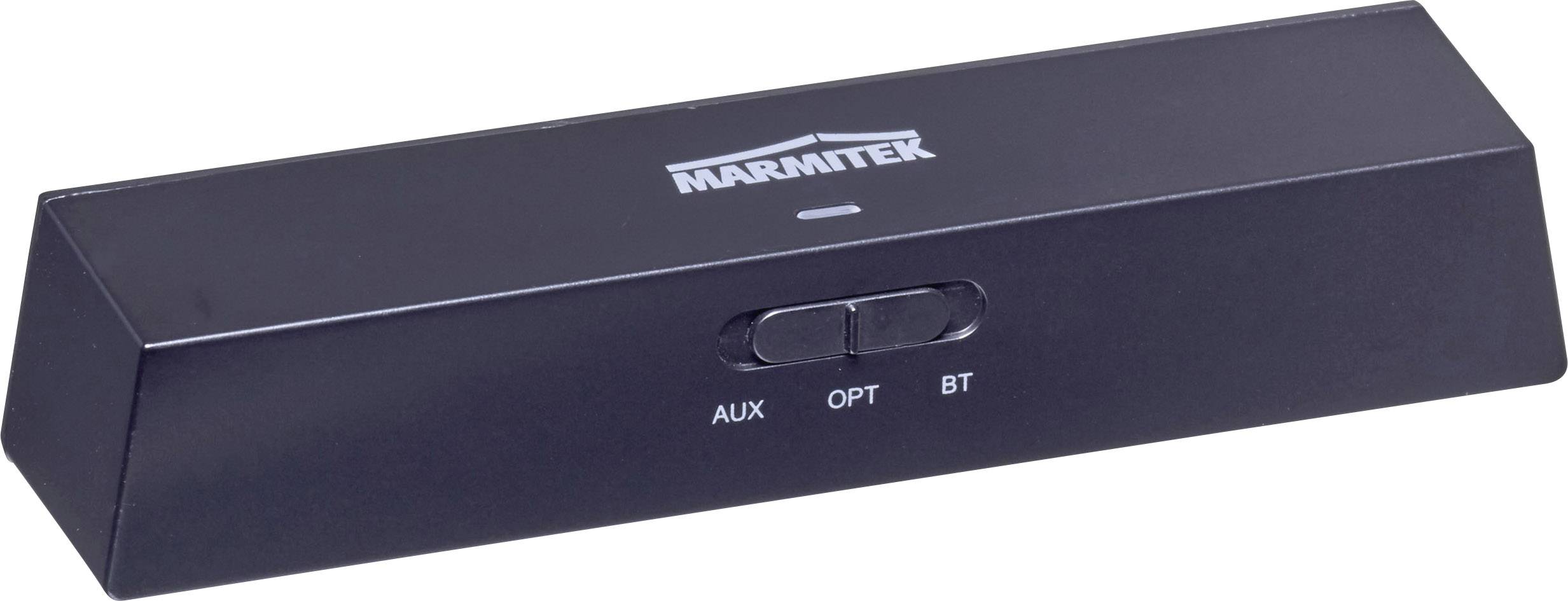 Ein schwarzes elektronisches Gerät mit der Aufschrift 'Marmitek' und drei Modi: AUX, OPT, BT, je nach Schalterposition.