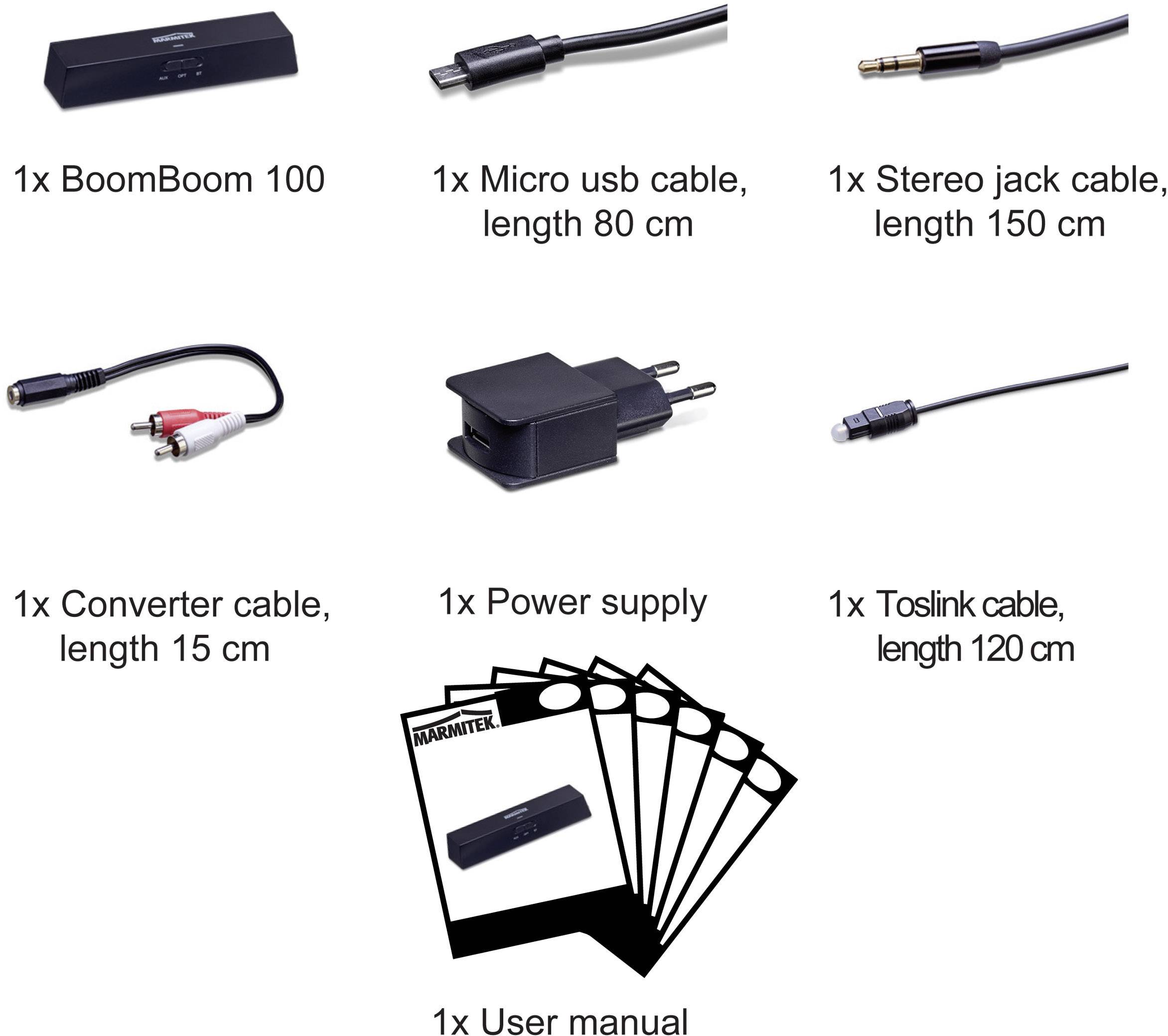 'BoomBoom 100' Zubehör: 1x Bluetooth-Sender, 1x Mikro-USB-Kabel (80 cm), 1x Klinkenkabel (150 cm), 1x Konverterkabel (15 cm), 1x Netzteil, 1x Toslink-Kabel (120 cm), 1x Benutzerhandbuch.