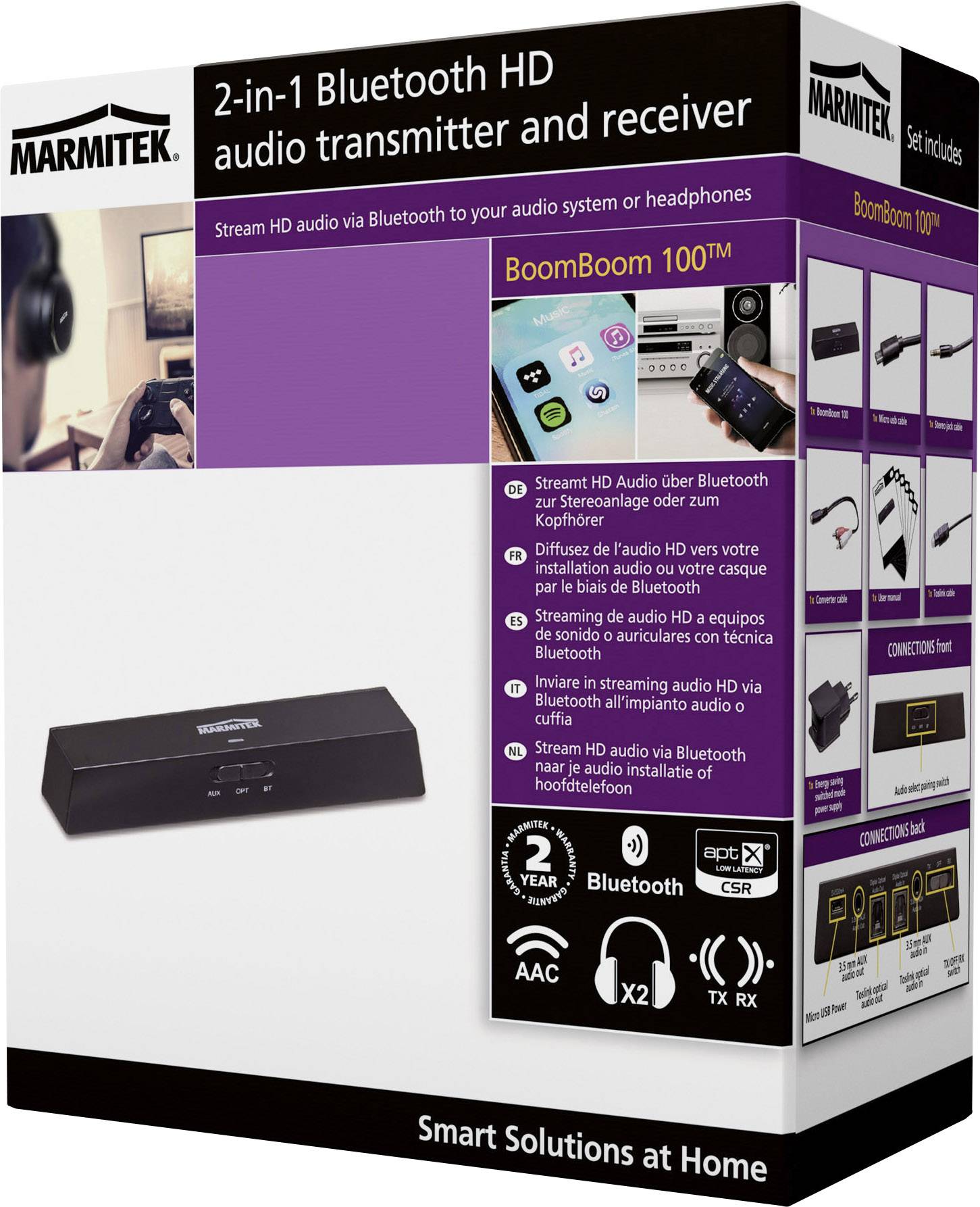 BoomBoom 100 Bluetooth-Audio-Sender und -Empfänger. Streamen von Audio zu System oder Kopfhörern. Unterstützt aptX und AAC.