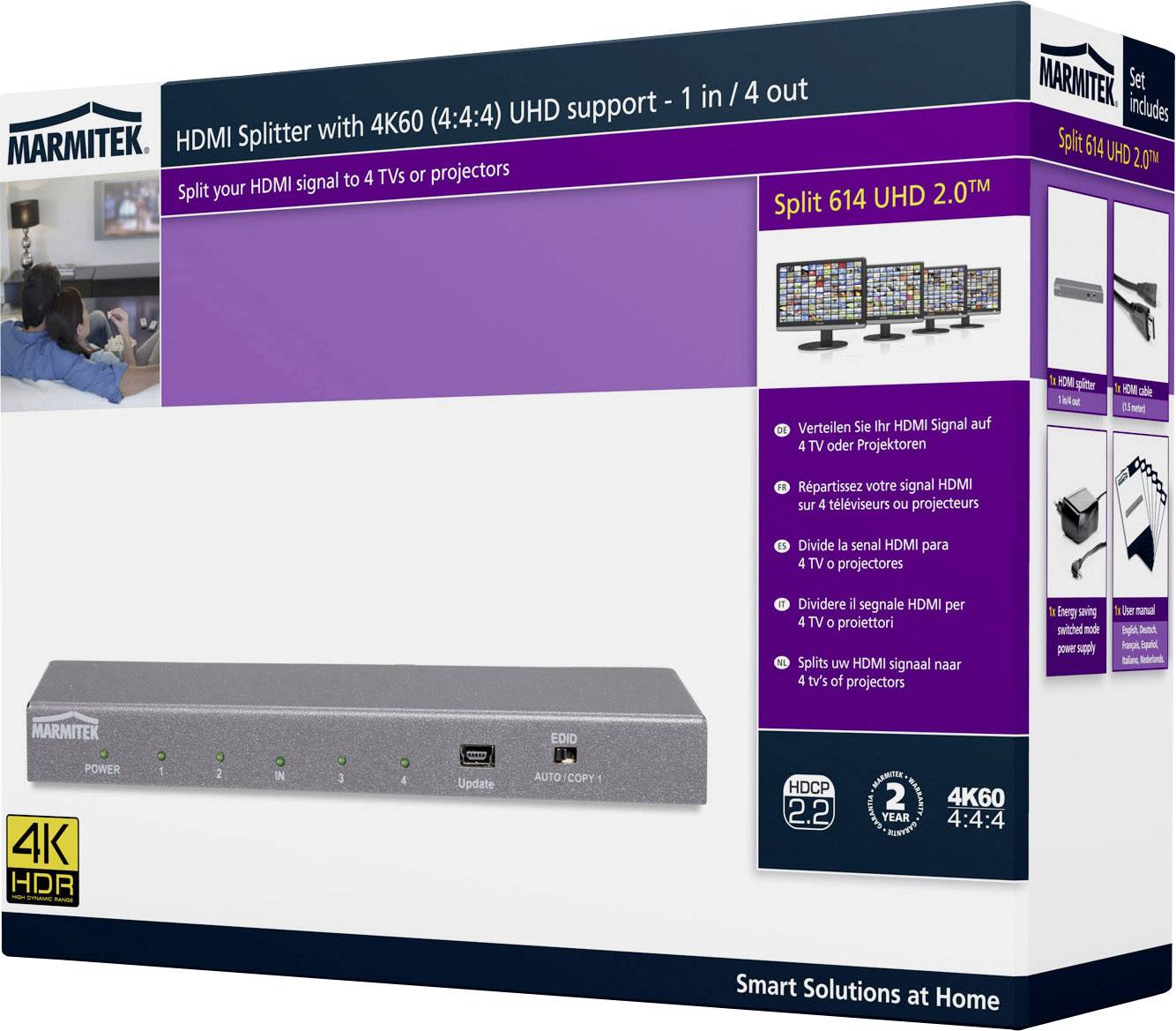 Marmitek 4 Port HDMI-Splitter Split 614 UHD 2.0 3D-Wiedergabe möglich, Metallgehäuse