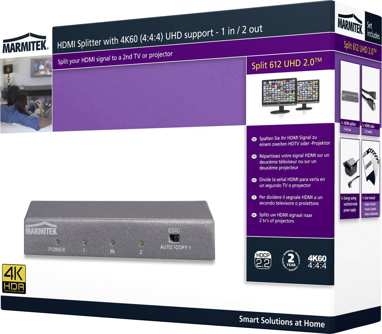 Marmitek 2 Port HDMI-Splitter Split 612 UHD 2.0 3D-Wiedergabe möglich, Metallgehäuse