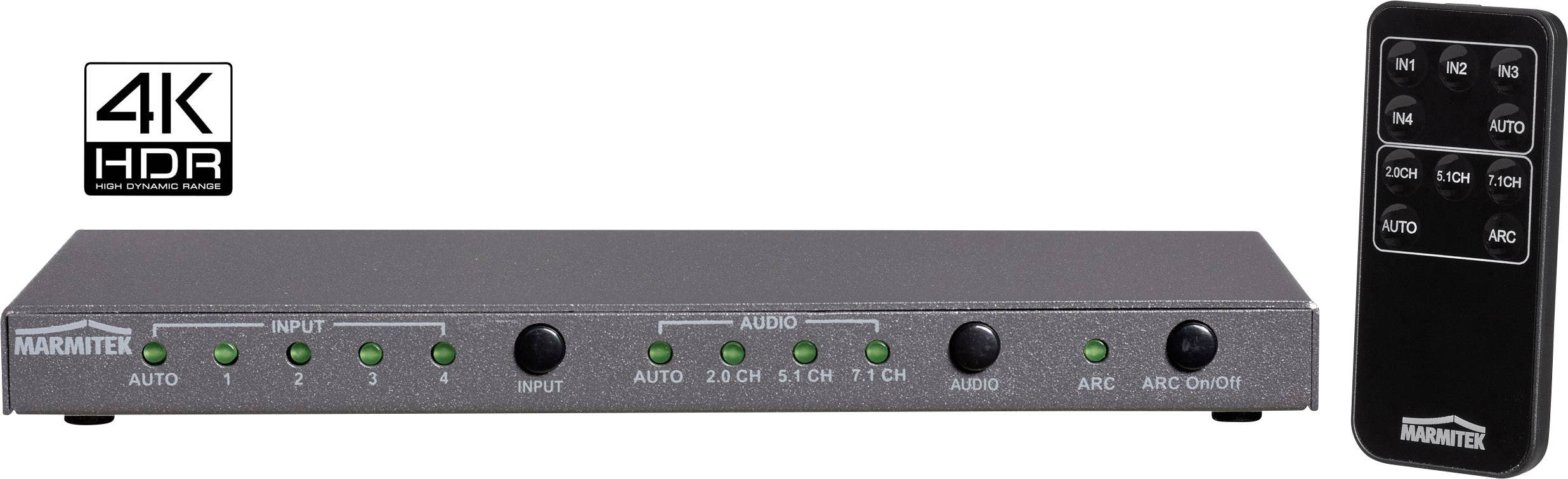 Marmitek Connect 621 UHD 2.0 4 Port HDMI-Switch 3D-Wiedergabe möglich, Metallgehäuse, Ultra HD-fähig, mit Audio-Ports, mit Fernbedienung, mit einge
