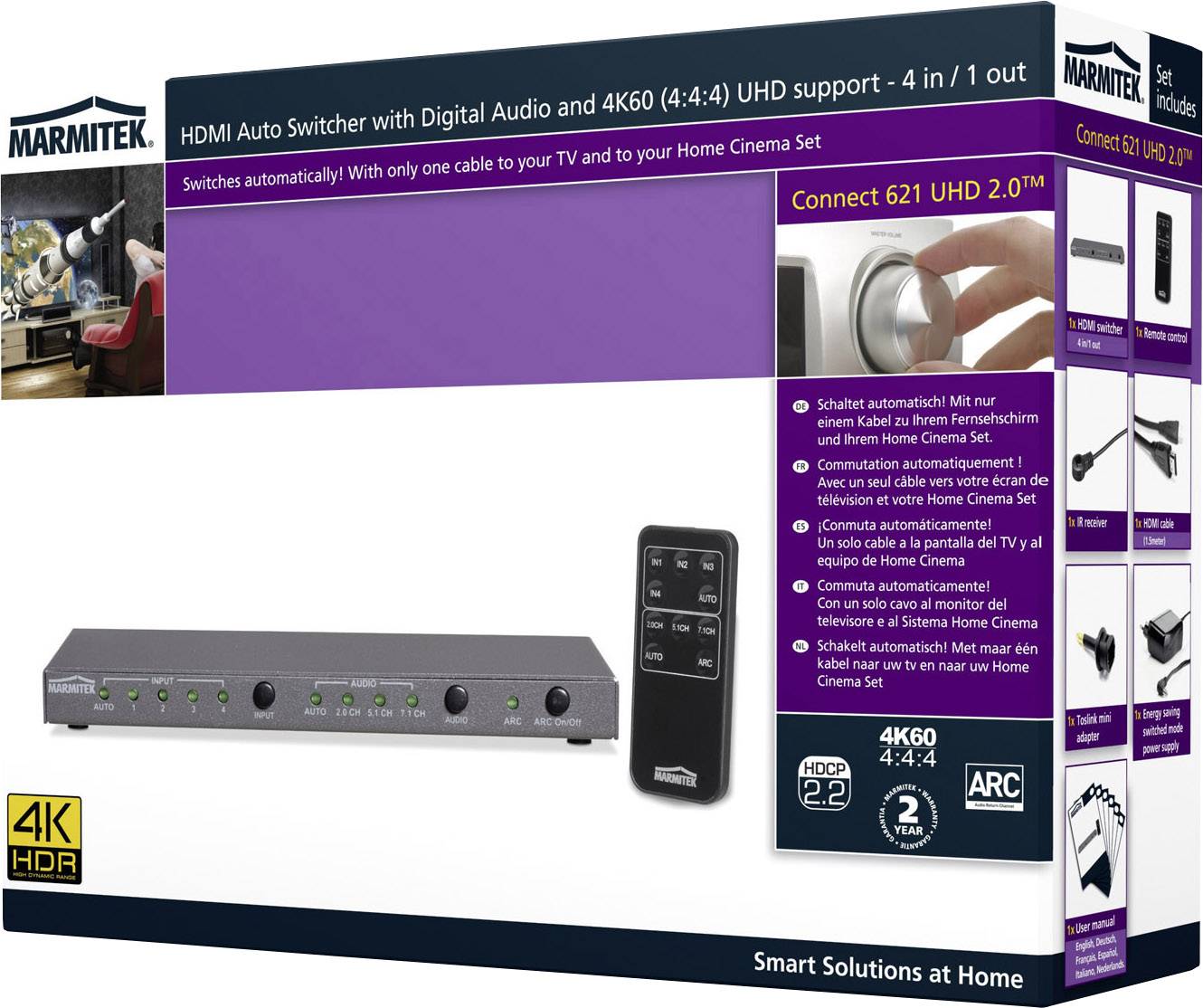 Marmitek Connect 621 UHD 2.0 4 Port HDMI-Switch 3D-Wiedergabe möglich, Metallgehäuse, Ultra HD-fähig, mit Audio-Ports, mit Fernbedienung, mit einge