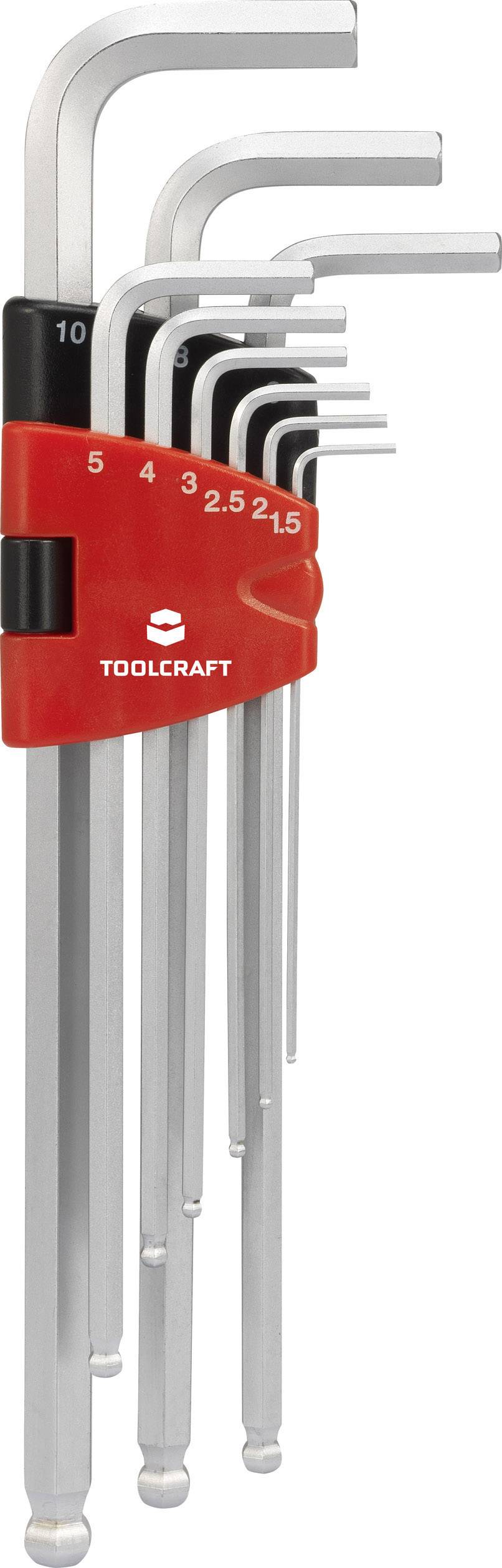 Ein Satz Inbusschlüssel in verschiedenen Größen von 1,5 mm bis 10 mm, mit einem roten Halter von TOOLCRAFT.