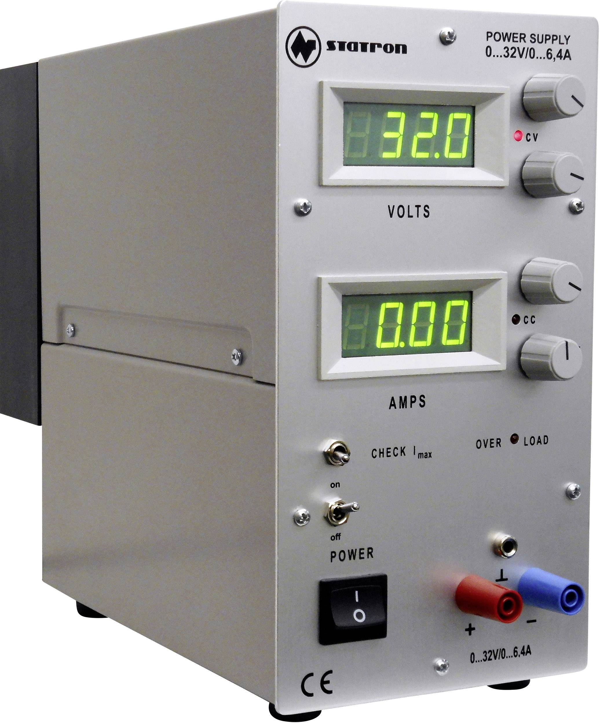 Labornetzgerät mit digitaler Anzeige, zeigt 32,0 Volt und 0,00 Ampere. Ein/Aus-Schalter, sowie rote und blaue Anschlüsse.