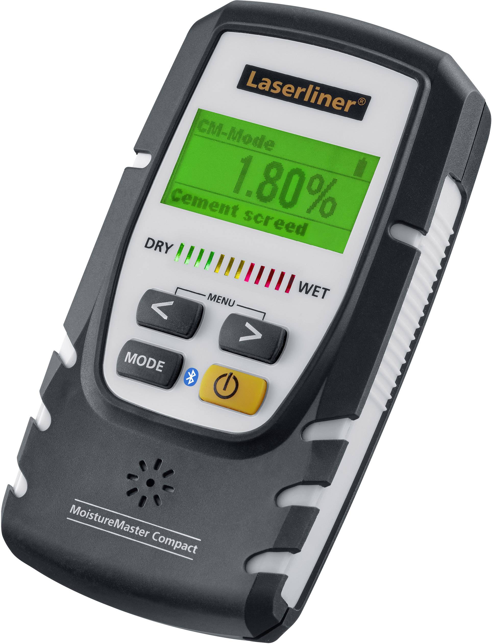 Feuchtigkeitsmessgerät mit digitalem Display zeigt '1,80%' an. LED-Balken signalisiert trocken bis nass. Tasten für Modus und Menü.