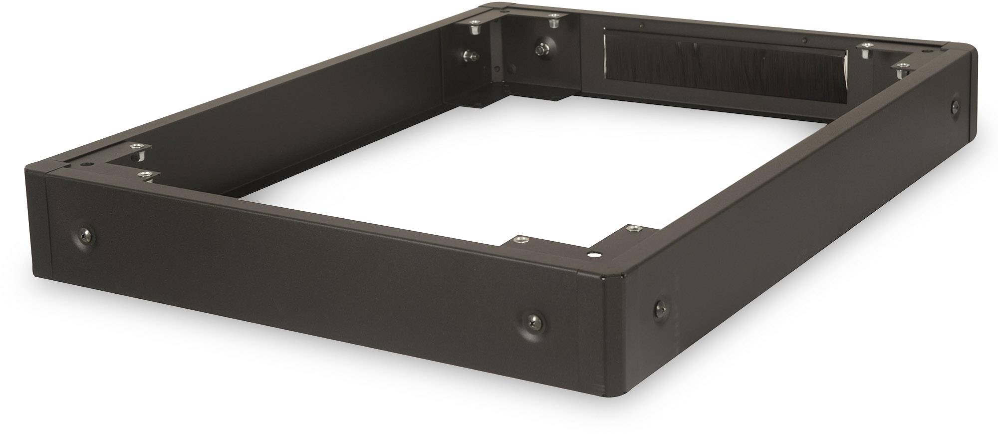 Ein rechteckiger, schwarzer Metallrahmen mit Befestigungslöchern an den Ecken. Geeignet zur Montage oder Unterstützung elektronischer Geräte.