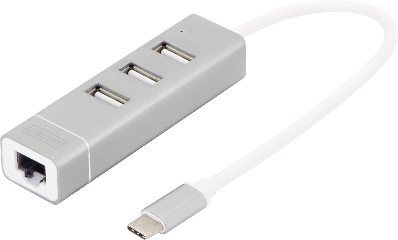 Ein silberner USB-Hub mit drei USB-Anschlüssen und einem Ethernet-Port, verbunden über ein weißes USB-C-Kabel.