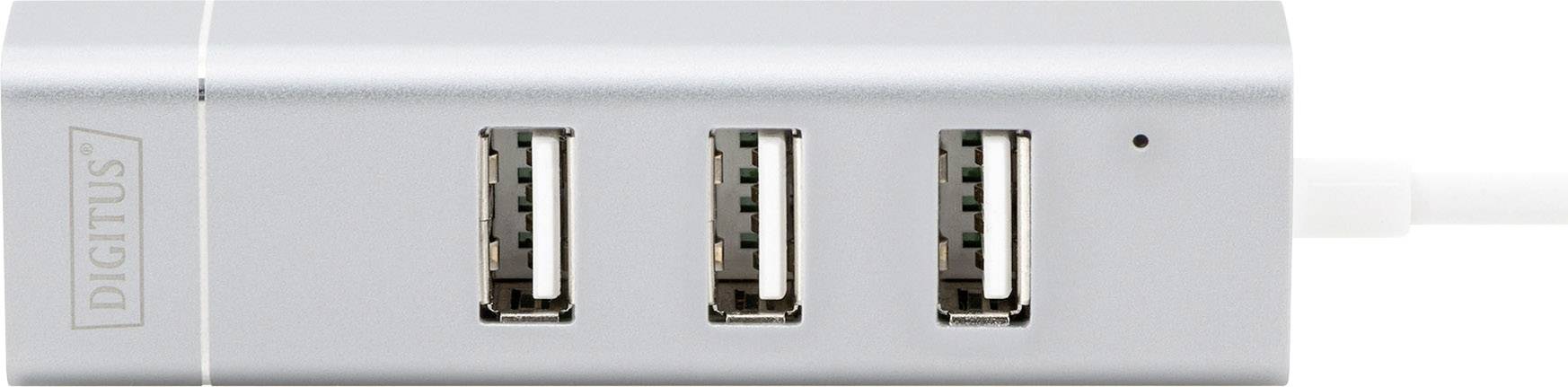 Ein silberner USB-Hub mit vier USB-Ports, geeignet zum Anschließen mehrerer Geräte an einen Computer oder ein Ladegerät.
