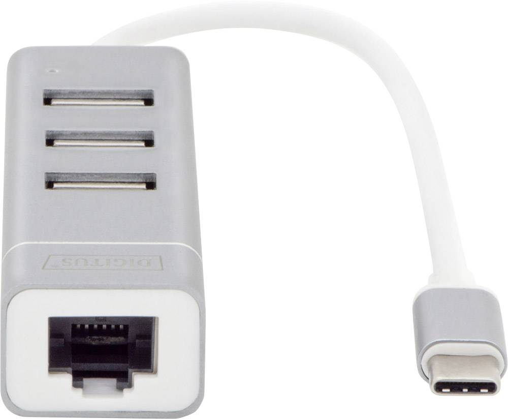 Ein USB-C-Hub mit drei USB-A-Anschlüssen und einem Ethernet-Anschluss, verbunden mit einem kurzen Kabel.