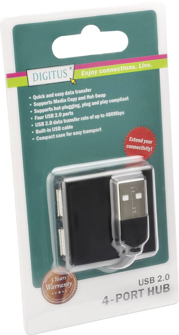 Verpackung eines USB 2.0 4-Port-Hubs mit Kabel. Produktmerkmale: Datenübertragung bis 480 Mbps, Hot-Swap, Plug and Play.