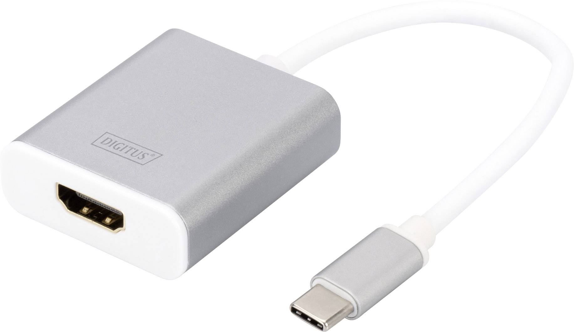 Silberner HDMI-auf-USB-C-Adapter mit einem HDMI-Anschluss auf einer Seite und einem USB-C-Stecker auf der anderen Seite.