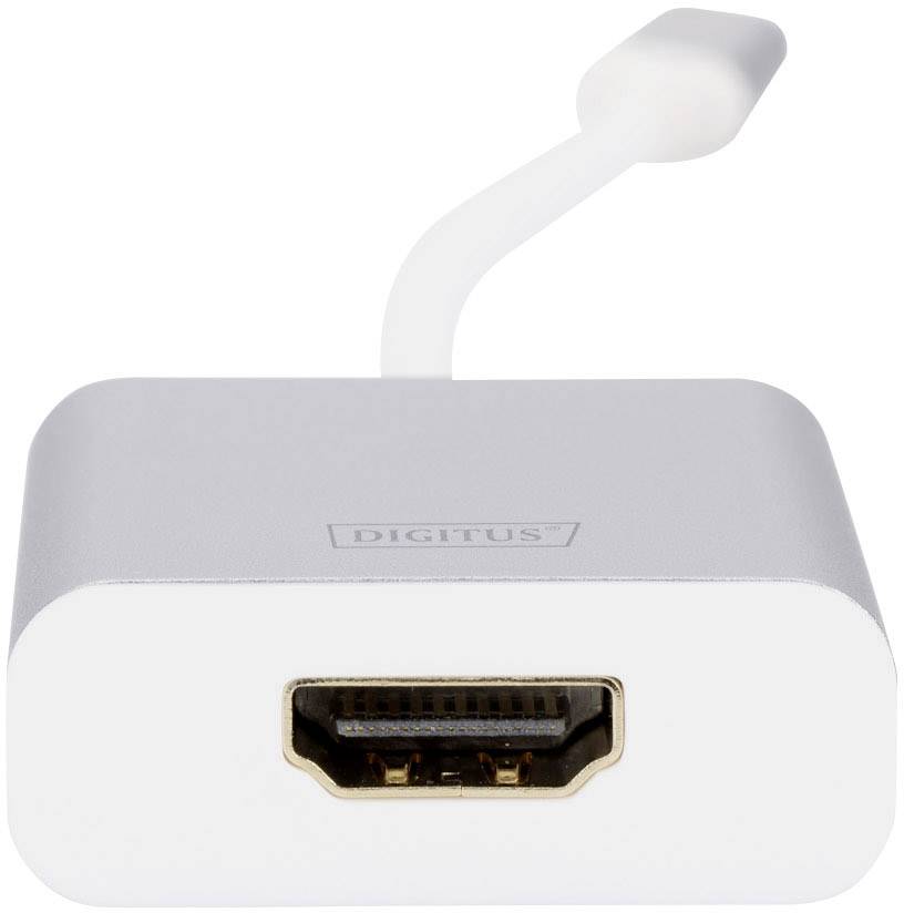 HDMI-Adapter von Digitus, silber, rechteckig. Vorderseite mit HDMI-Anschluss, kurze weiße Verbindung zum USB-C-Stecker oben.