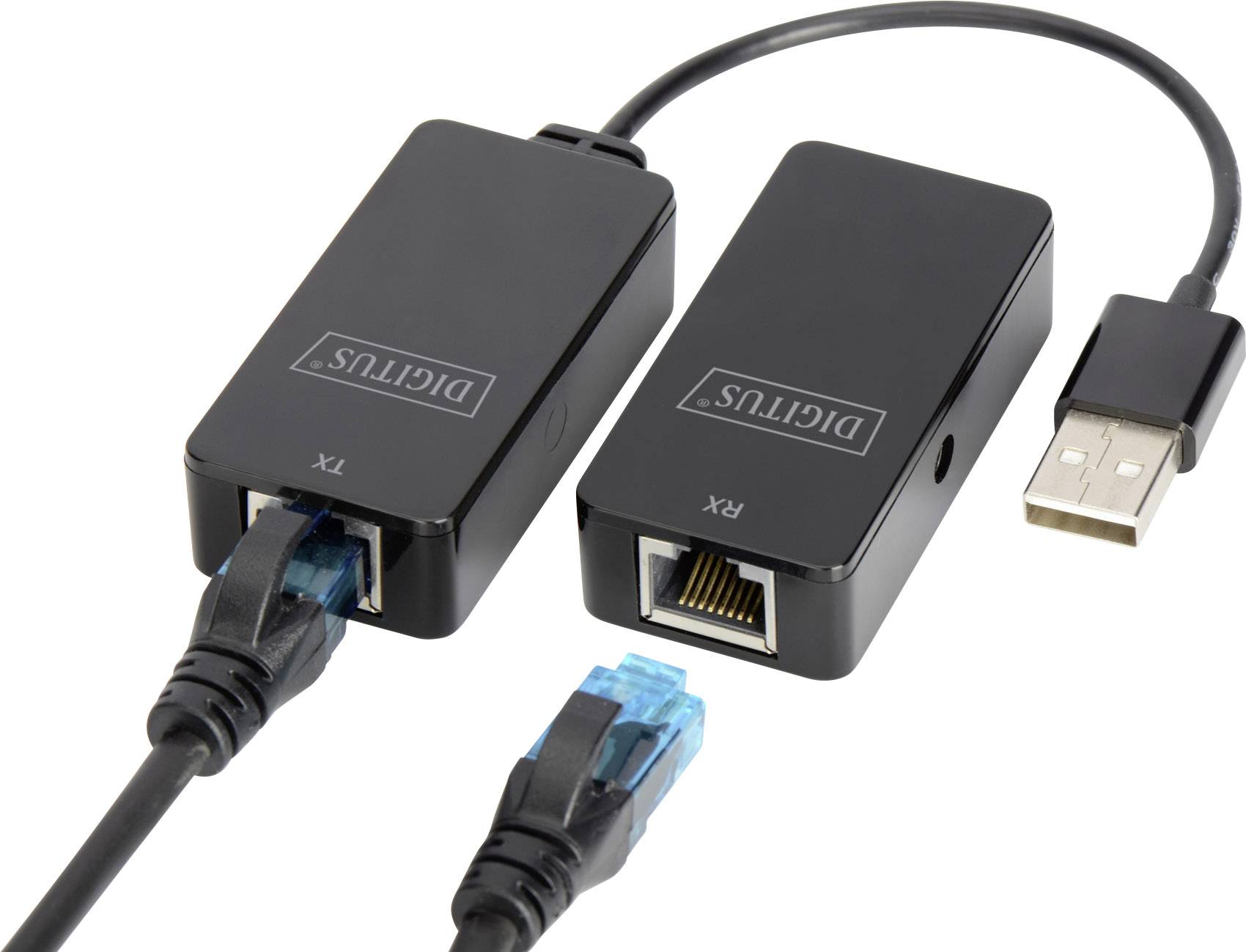 Schwarzes USB-auf-Ethernet-Adapter-Set, bestehend aus zwei rechteckigen Einheiten, mit Ethernet- und USB-Anschlüssen, markiert mit 'TX' und 'RX'.