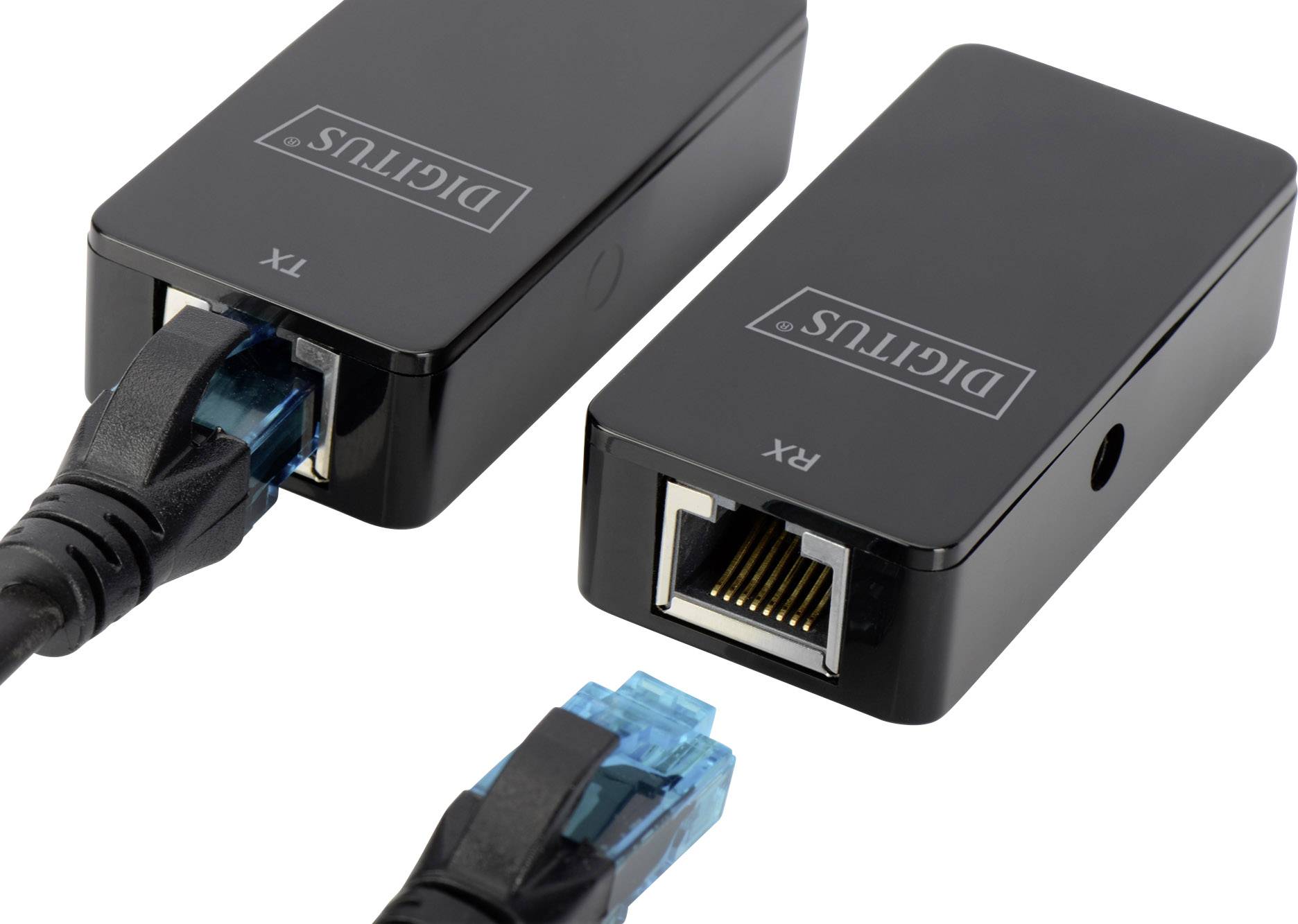 Zwei schwarze Netzwerkadapter mit Ethernet-Kabeln, einer beschriftet mit 'TX', der andere mit 'RX'. Adapter tragen die Marke 'Digitus'.