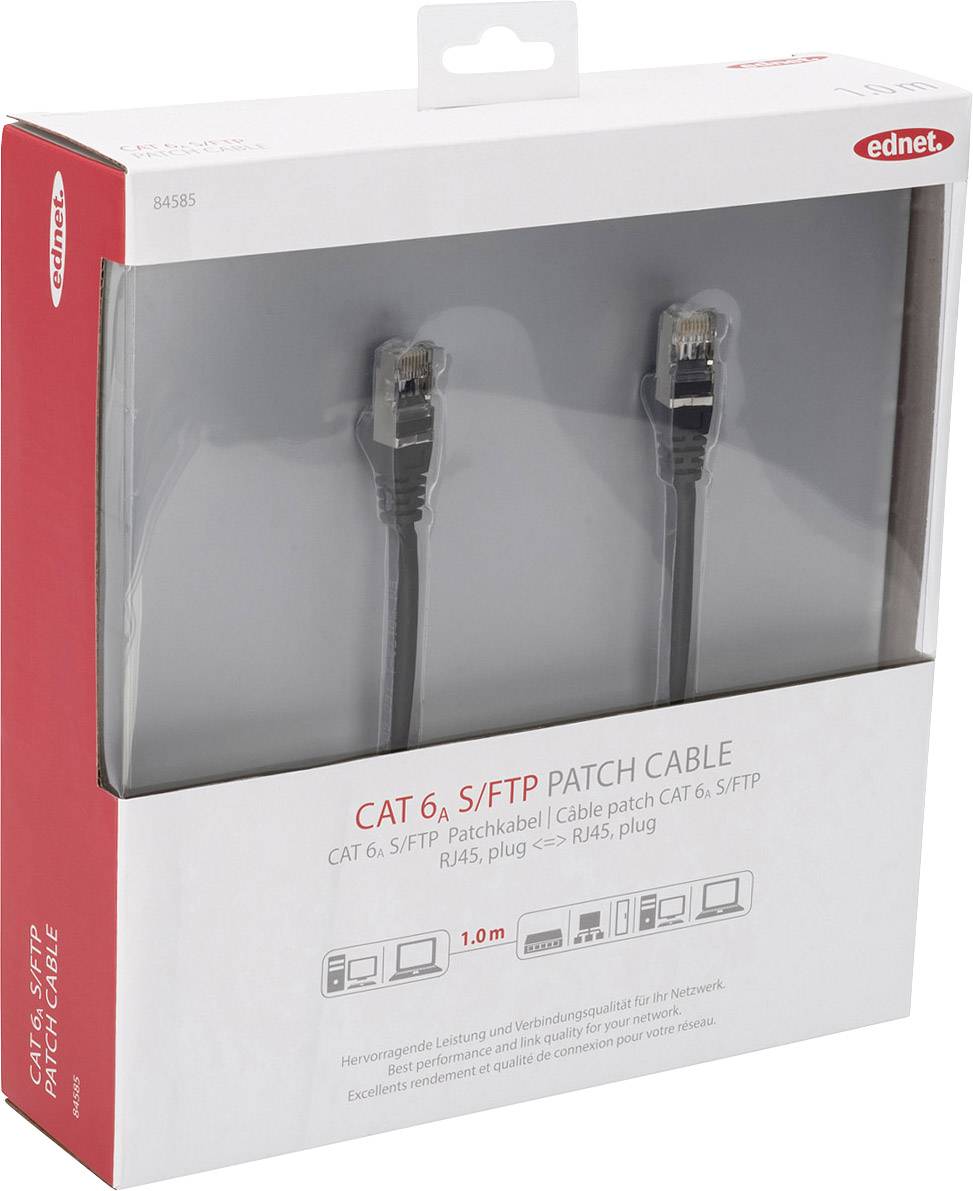 Ednet RJ45 84585 Netzwerkkabel, Patchkabel CAT 6a S/FTP 1.00m Schwarz Flammwidrig, Folienschirm, Geflechtschirm, Geschirmt