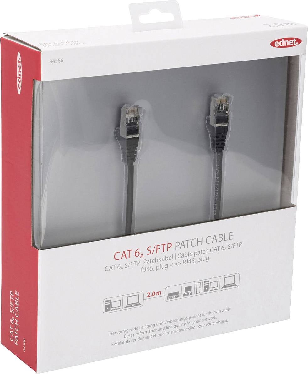 Ednet RJ45 84586 Netzwerkkabel, Patchkabel CAT 6a S/FTP 2.00m Schwarz Flammwidrig, Folienschirm, Geflechtschirm, Geschirmt