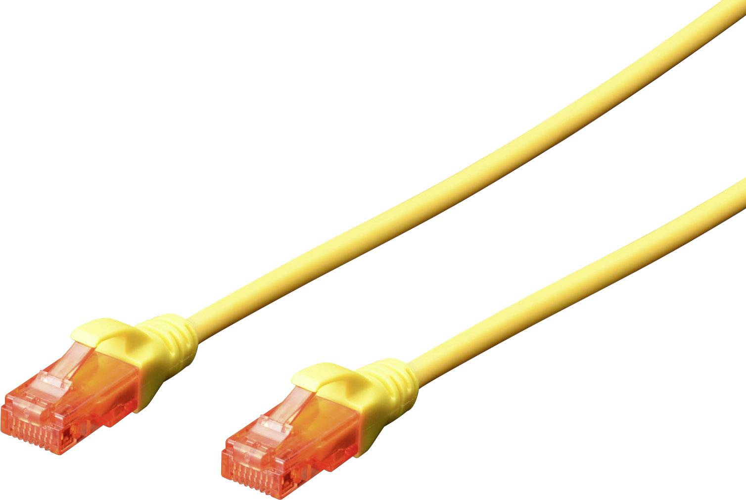 Gelbes Ethernet-Kabel mit orangefarbenen RJ45-Steckern an beiden Enden, geeignet für Netzwerkverbindungen.