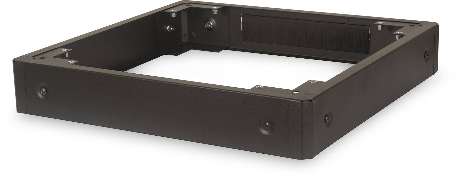 Schwarzer quadratischer Metallrahmen mit Schraublöchern, möglicherweise als Basis oder Halterung für ein anderes Gerät oder Struktur gedacht.