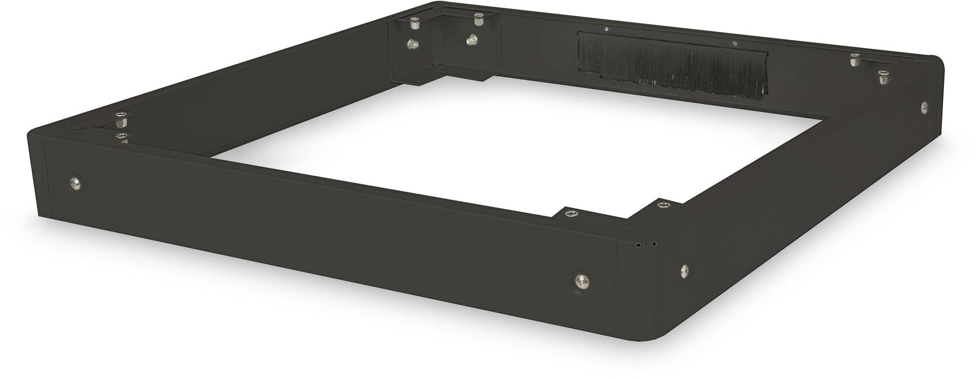 Ein rechteckiger, schwarzer Metallrahmen mit Schraublöchern und Bürstenleiste an der Innenseite.