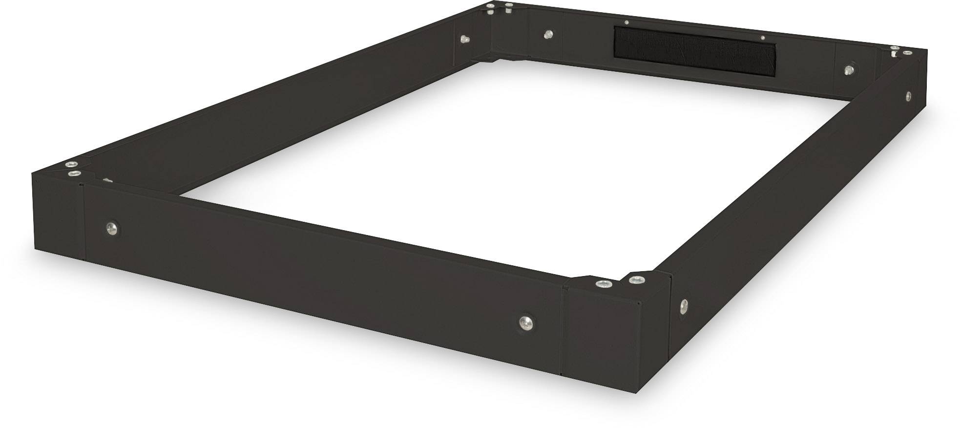 Schwarzer rechteckiger Metallrahmen mit Schrauben an den Ecken.