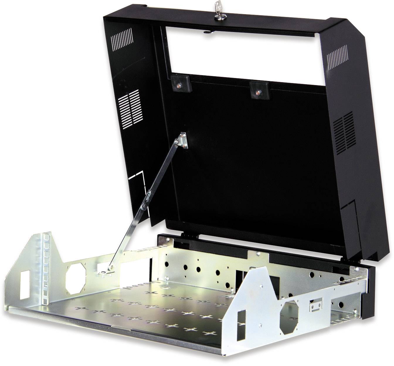 Lüfterloses Wandgehäuse mit geöffneter Frontklappe, geeignet für Netzwerkanwendungen und Hardwaremontage in industrieller Umgebung.