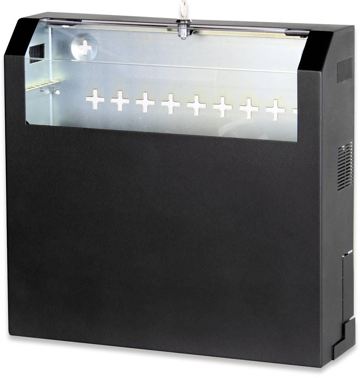 Schwarzes belüftetes Gerät mit metallischer Oberfläche und Kreuzformen oben; möglicherweise technisches oder elektronisches Gerät.