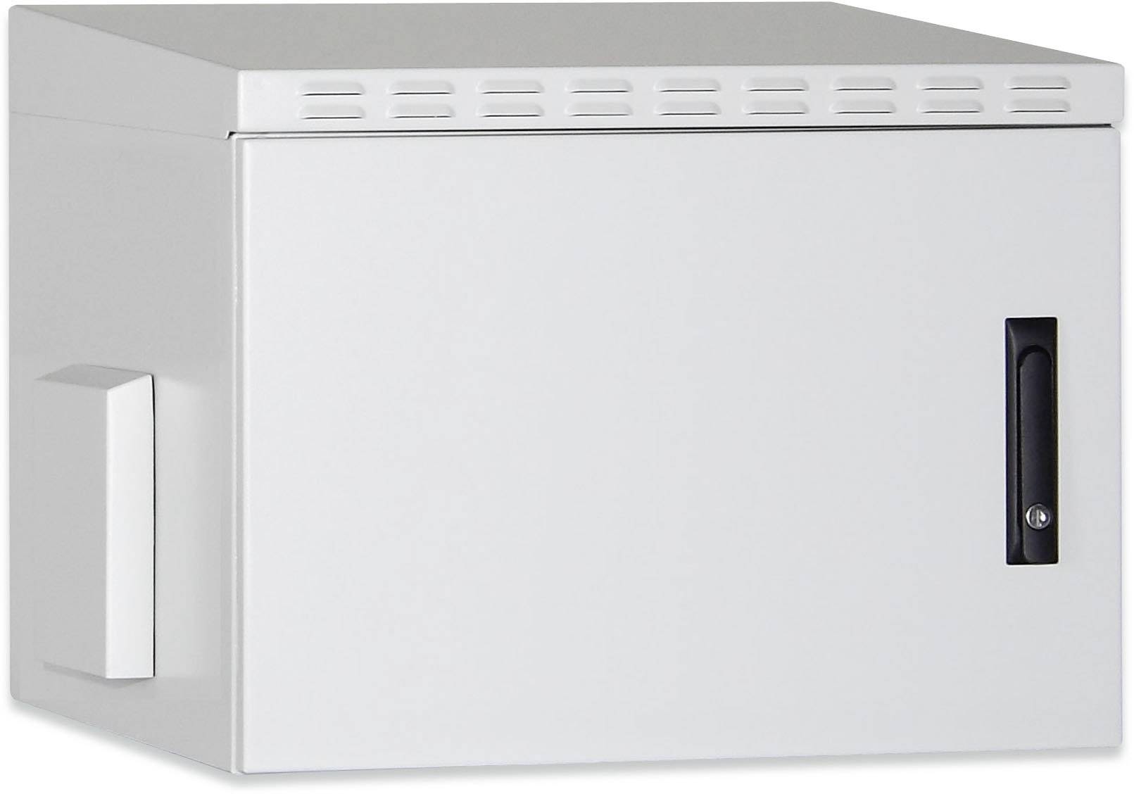 Ein grauer Metallschrank mit schwarzem Griff an der Vorderseite.