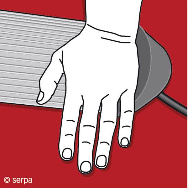 Eine gezeichnete Hand drückt auf ein Pedal, gefolgt von einem roten Hintergrund, was eine mechanische oder thematische Aktion darstellt.