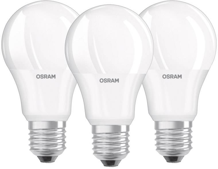 Drei weiße LED-Glühbirnen mit E27-Fassung, Marke OSRAM.