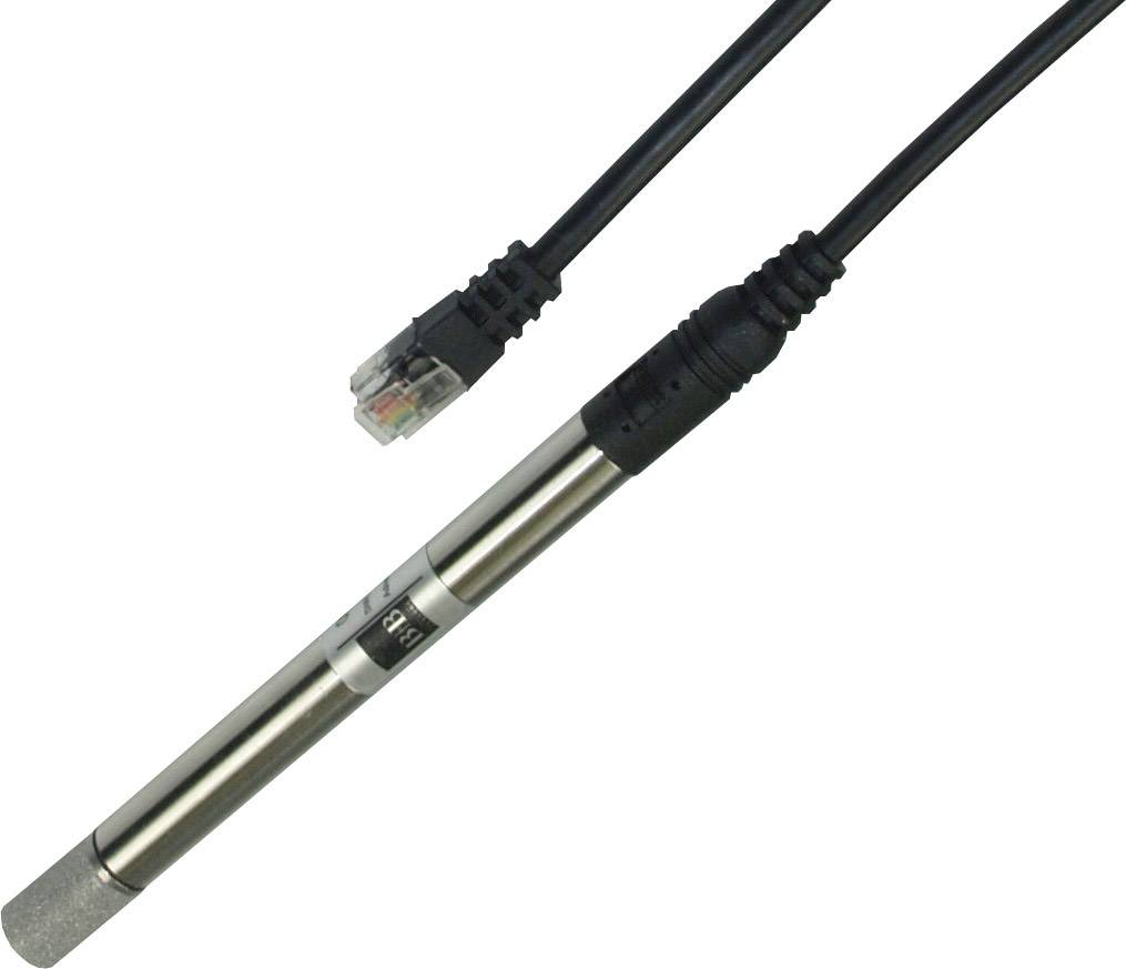 Ein silberner Sensor mit schwarzem Kabel und Netzwerkstecker, vermutlich ein technisches Gerät zur Messung oder Übertragung von Daten.