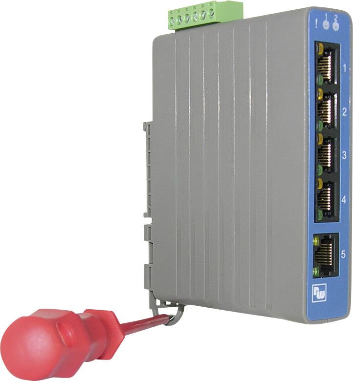 Graues Netzwerkgerät mit fünf Ethernet-Ports und roten Steckverbindungen an der Seite.