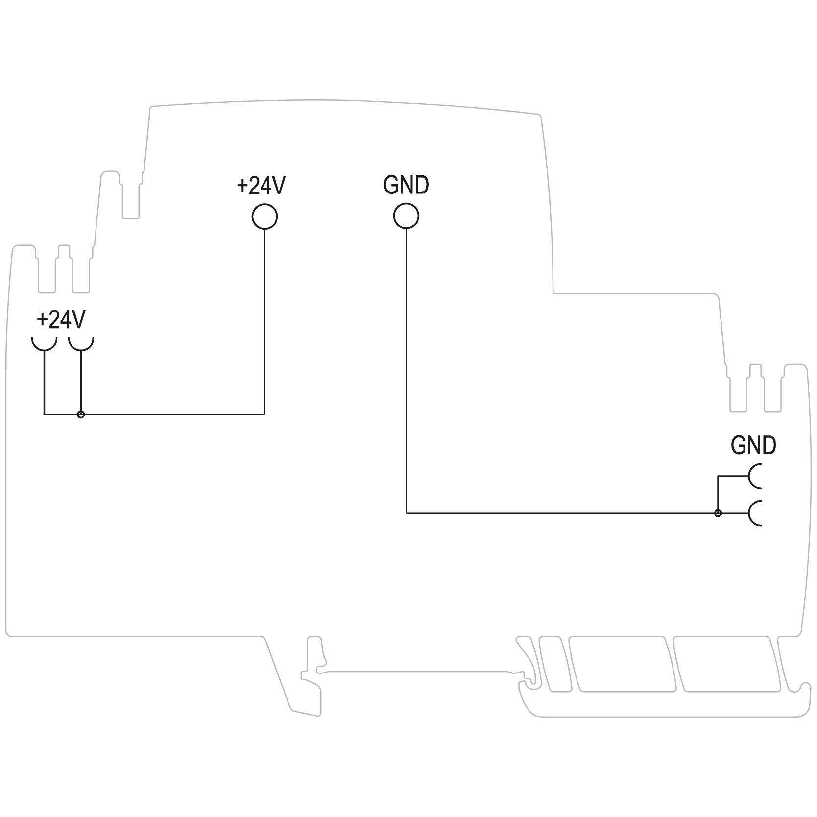 Schaltskizze eines elektronischen Geräts mit vier Anschlusspunkten: zwei mit '+24V', zwei mit 'GND'. Klare Verdrahtungswege gezeigt.