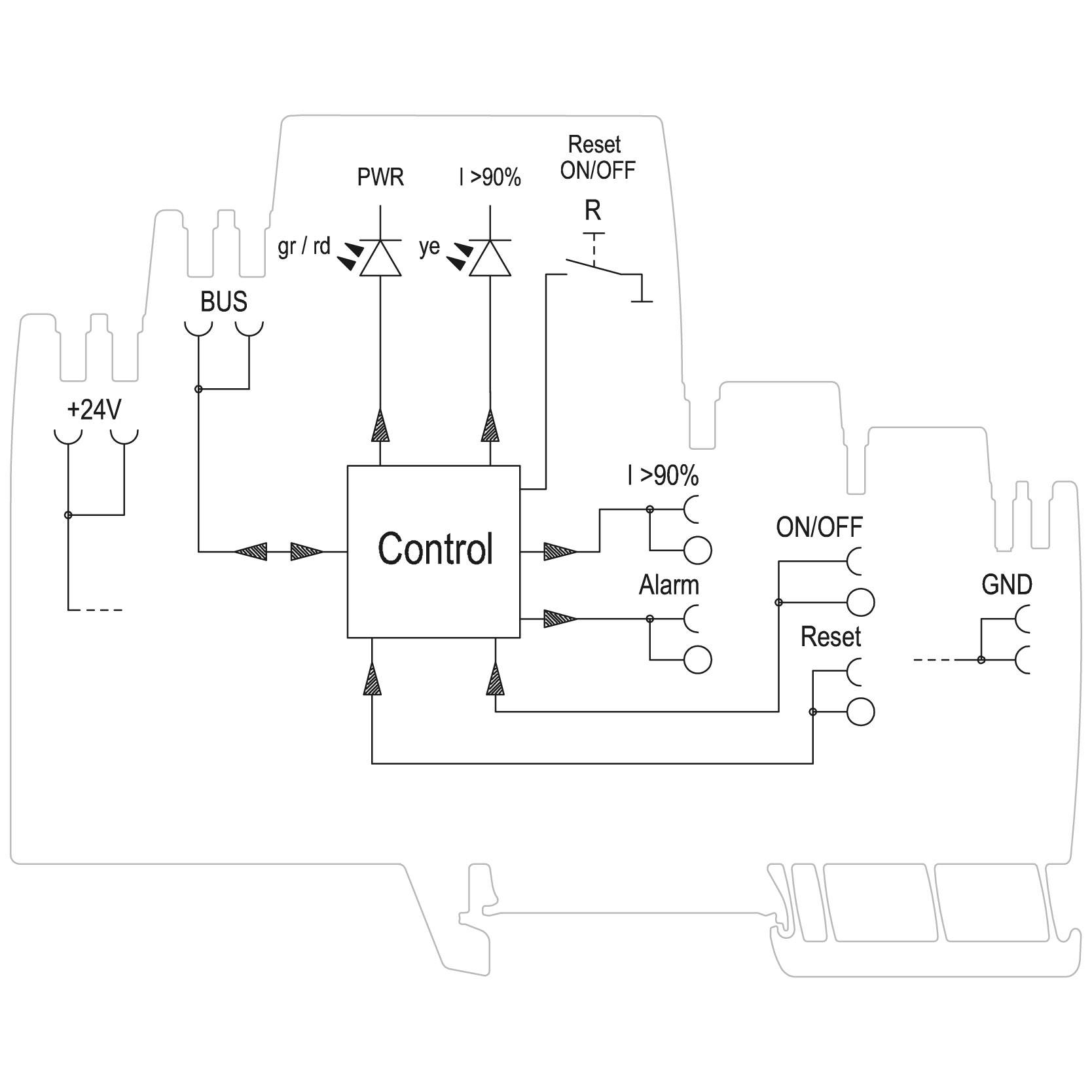 Ein Blockschaltbild zeigt die Steuerung eines elektrischen Systems. Es enthält Verbindungspfade, LEDs zur Anzeige und Kontrollschalter.