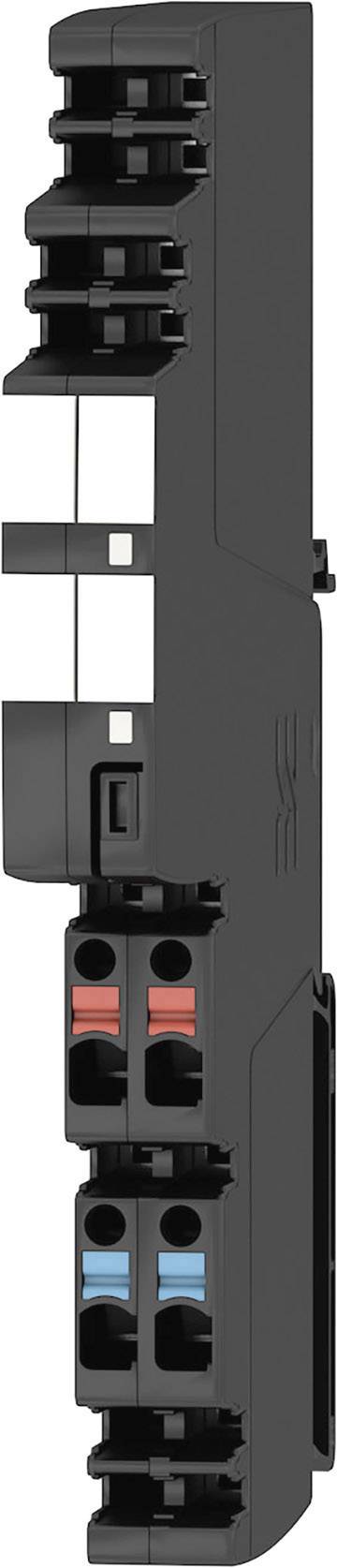 Elektronische Komponente in vertikaler Ausrichtung mit schwarzem Gehäuse; enthält farbcodierte Anschlüsse für elektrische Verbindungen.