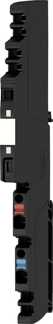 Schmale, schwarze elektronische Komponente mit mehreren Ports und farbkodierten Anschlüssen. Entworfen für technische Verbindungen.