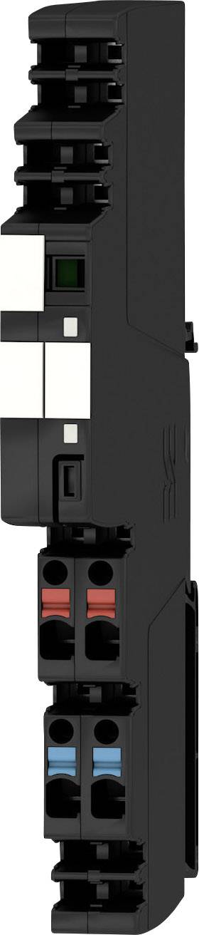 Schwarzes elektronisches Bauteil mit mehreren Anschlüssen und farbigen Kabelmarkierungen, vertikal positioniert.