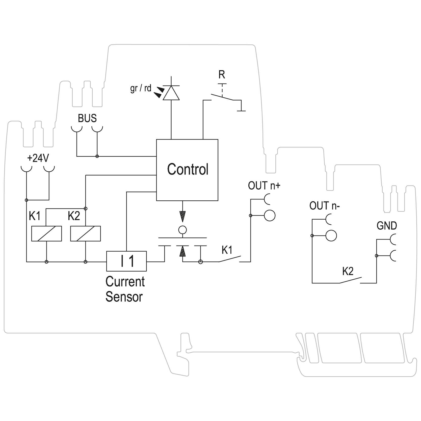 'Stromsensor-Diagramm': Zeigt die Verdrahtung zwischen Control-Einheit, Sensor, BUS und Anschlüssen mit Klemmen K1 und K2 für Steuerung.