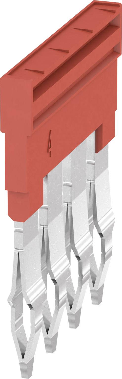 Ein roter Kunststoffstecker mit vier silbernen Metallstiften, geeignet für die Verbindung elektronischer Bauteile.