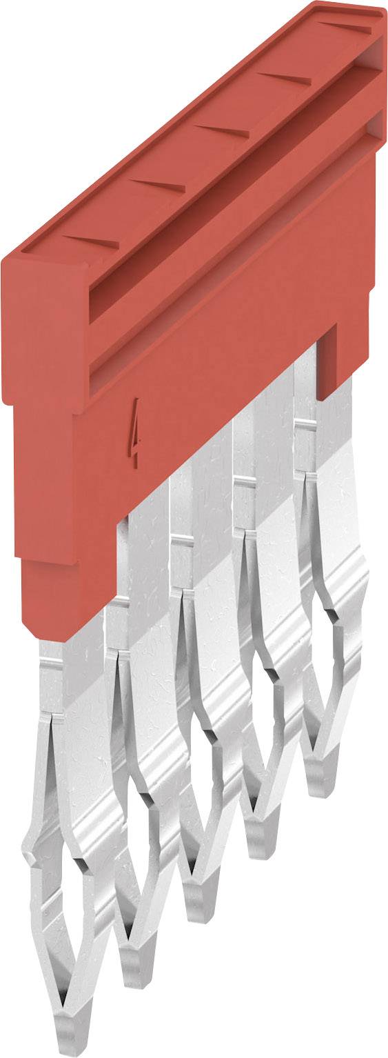 Ein roter Sicherungsstecker mit fünf silbernen Steckkontakten. Oben ist die Zahl '4' zu sehen.