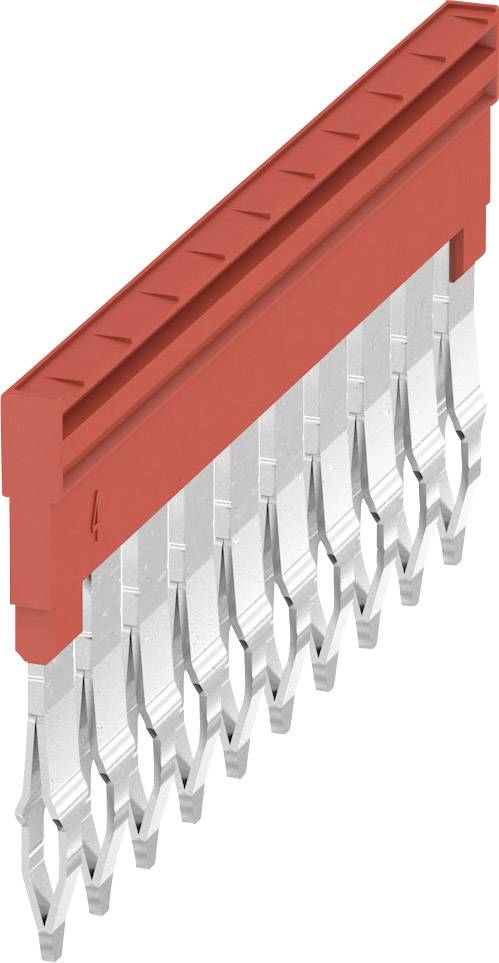 Steckerleiste mit roten Kunststoffgehäuse und silbernen Metallkontakten in Zickzackmuster, aus technischer Perspektive dargestellt.