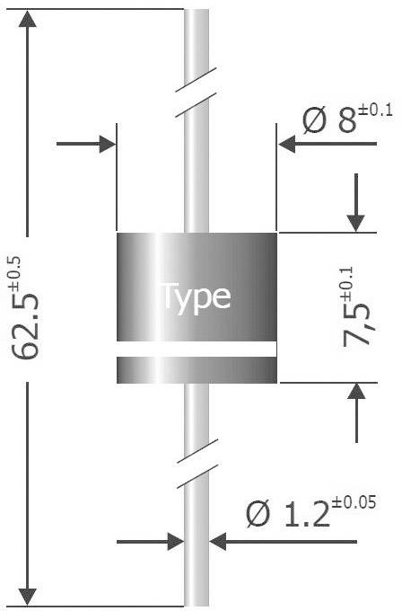 Diagramm eines zylindrischen elektronischen Bauteils mit Beschriftungen: Durchmesser 8 mm, Länge 62,5 mm, Anschlussdrähte 1,2 mm.