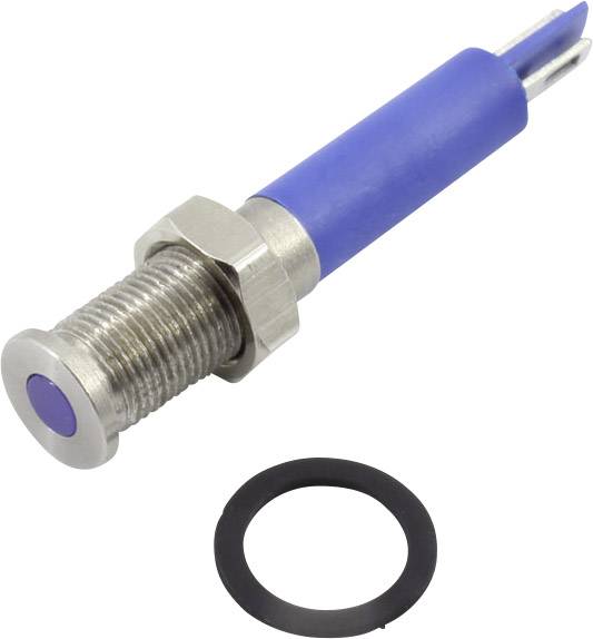 Ein blauer LED-Drucktaster mit Metallgehäuse und einem schwarzen Dichtungsring daneben.